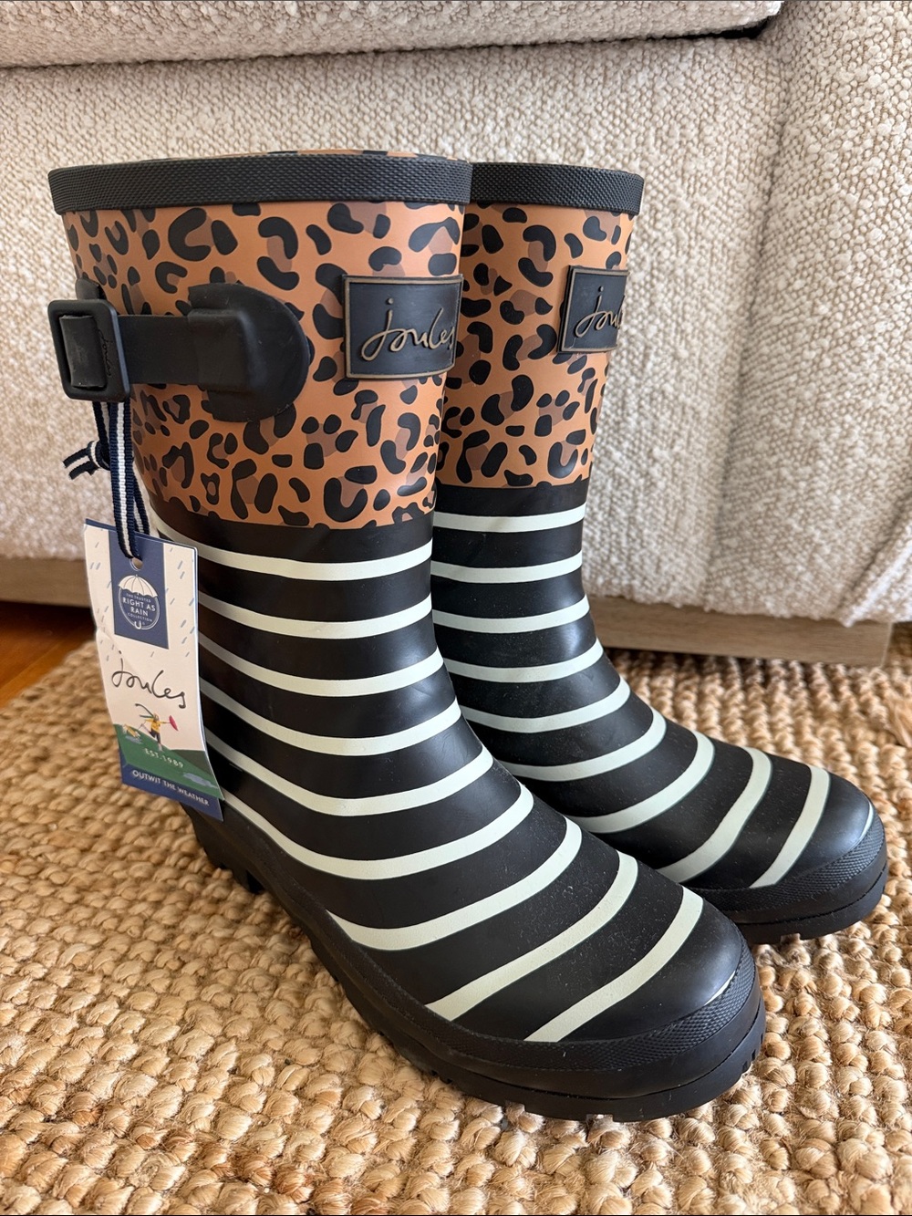 Joules Women's Leopard Cuff Black & Light Green Striped Rain Boots